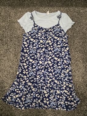 Girls Navy Floral Button-Front Sundress with Light Blue Tee